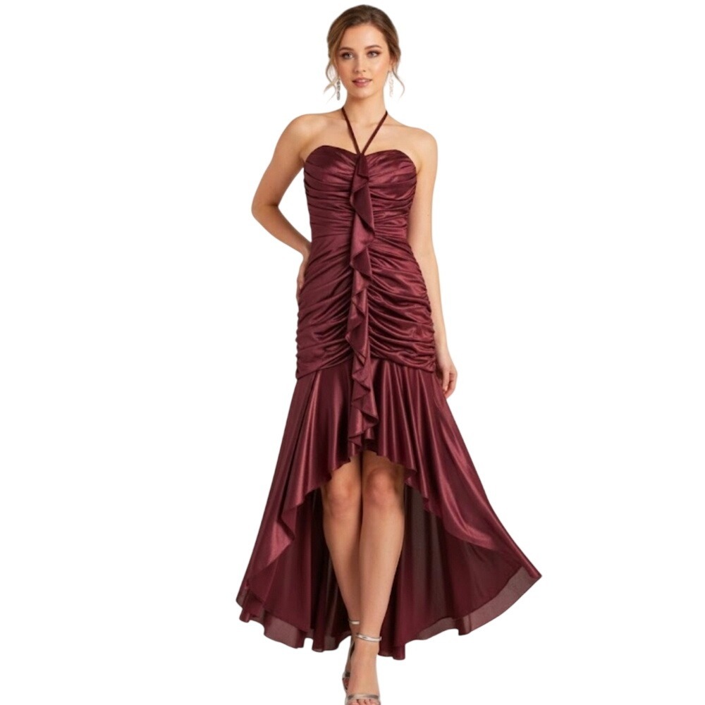 Kiki‎ Vintage High Low Halter Neck Satin Brown Womens Dress Y2k Size Large Goth